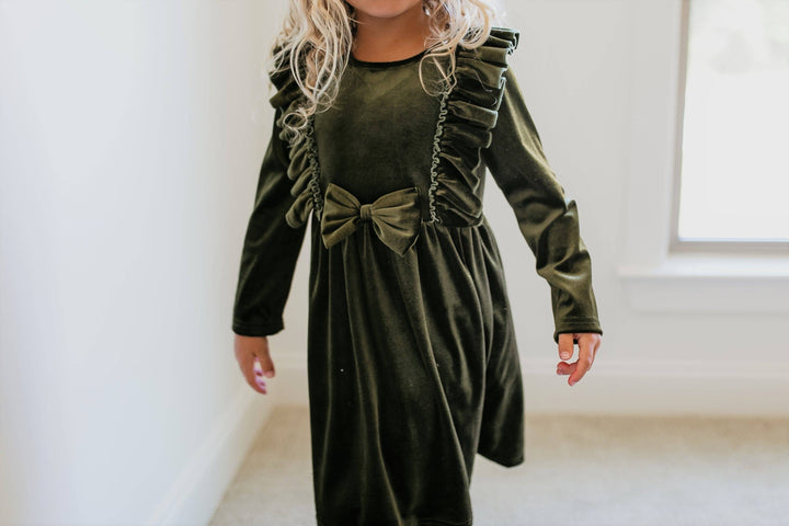 Kids Moss Velvet Bow Ruffle Holiday Party Dress