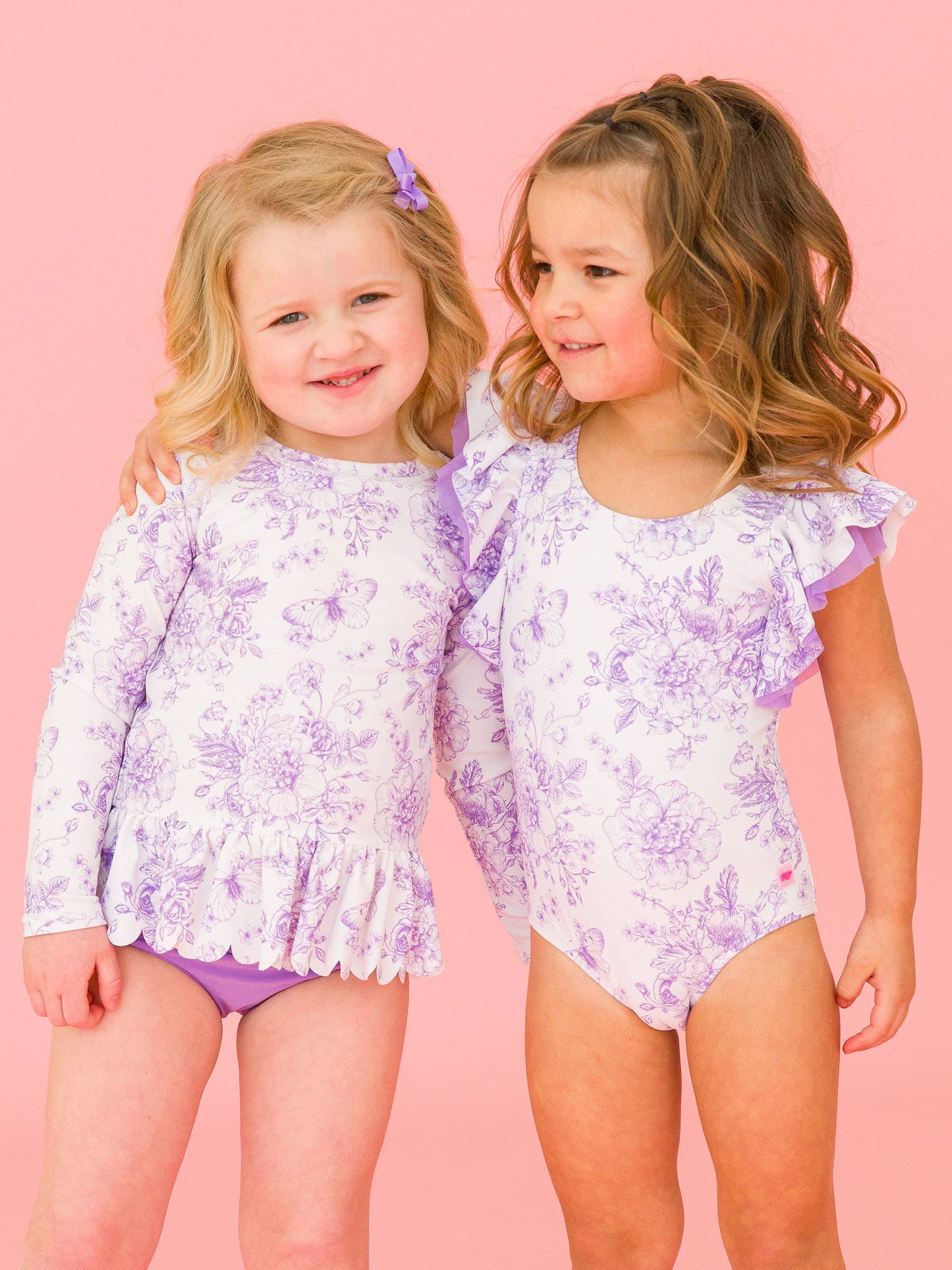 Girls Wisteria Purple Butterfly Garden Toile Butterfly Sleeve One Piece Swimsuit