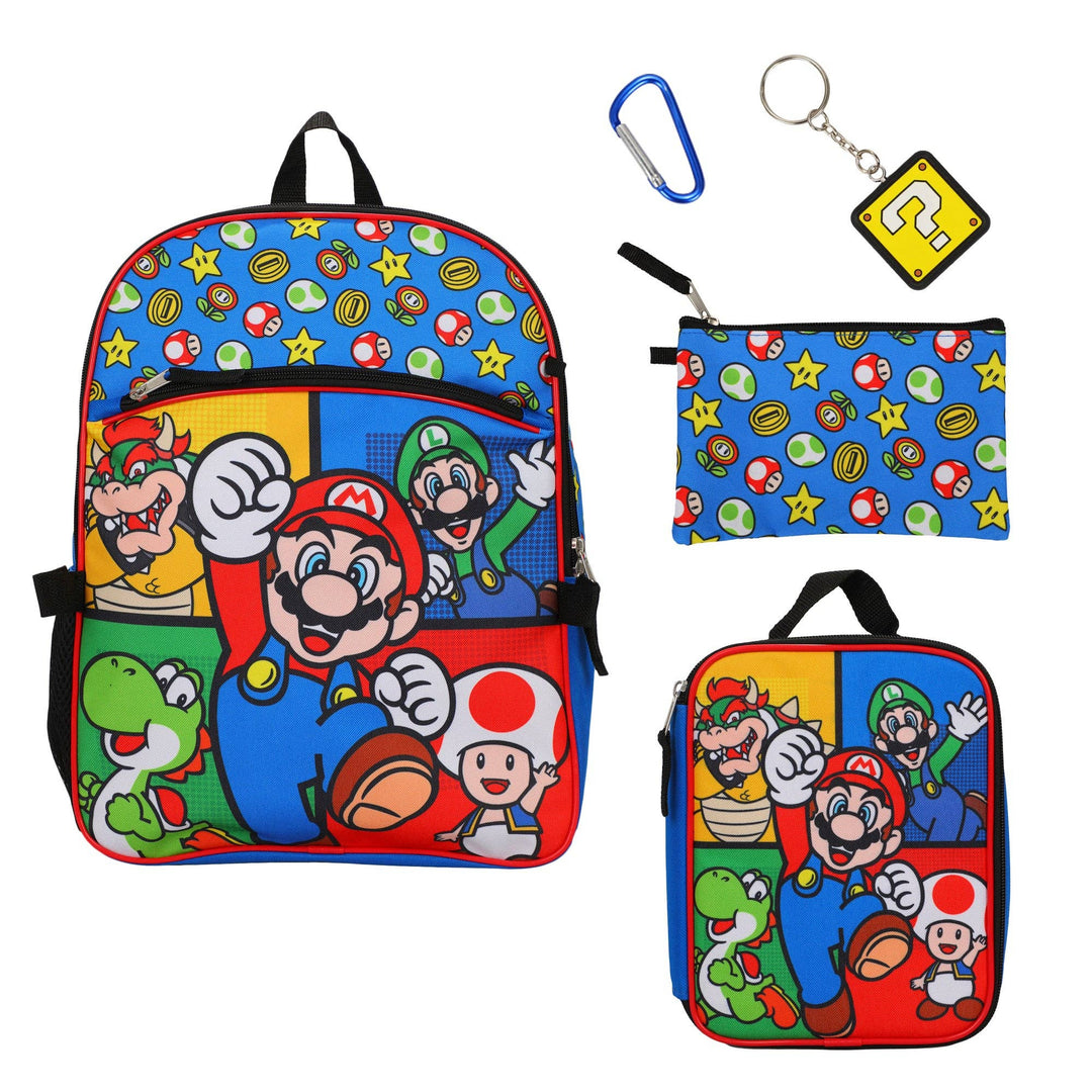 Super Mario Bros Characters &amp; Power-Ups 16 inch Youth 5-Piece Backpack Set