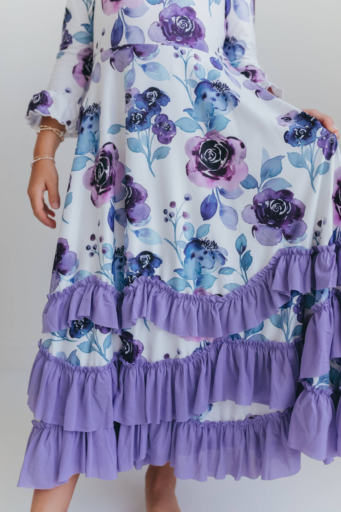 Girls Lavender Winter Floral Long Sleeve Ruffles Dress