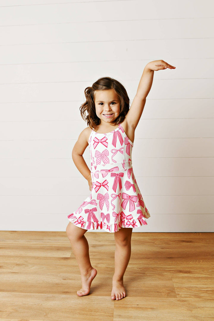 Girls White &amp; Pink Bow Athletic Active Sport Ruffle Dress