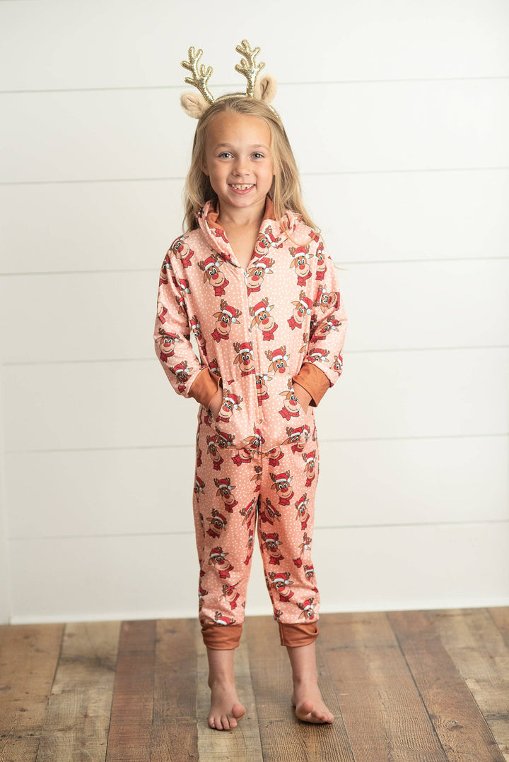 Kids Pink Christmas Holiday Reindeer Zipper Onesie Set