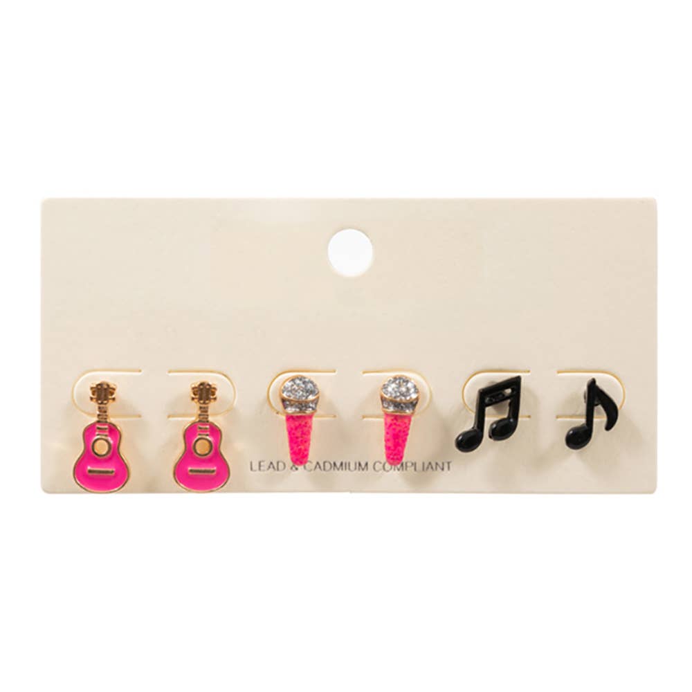 3PAIRS - Enamel Guitar Mic Music Note Stud Earring Set