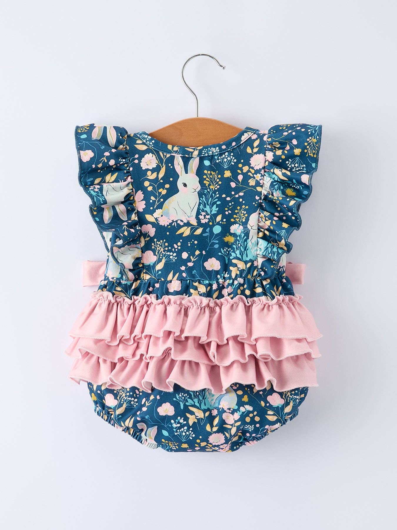 Teal Bunny Garden Ruffle Sleeve Baby Girls Romper