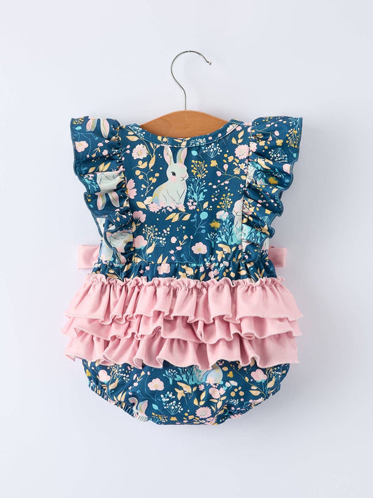 Teal Bunny Garden Ruffle Sleeve Baby Girls Romper