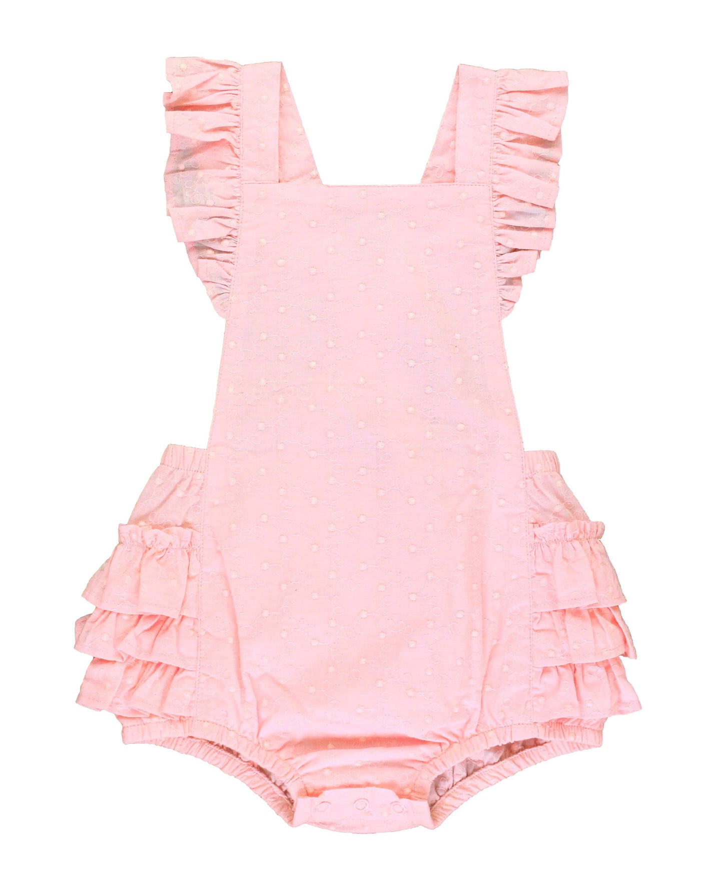 Girls Pink Embroidered Vintage Dot Flutter Overall Romper