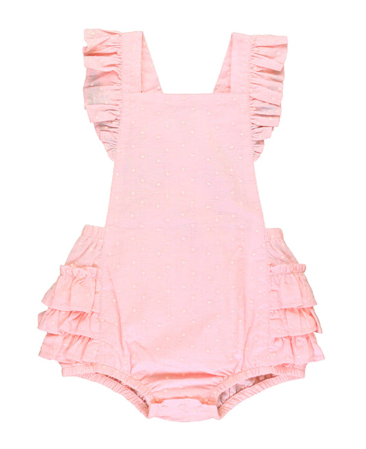 Girls Pink Embroidered Vintage Dot Flutter Overall Romper