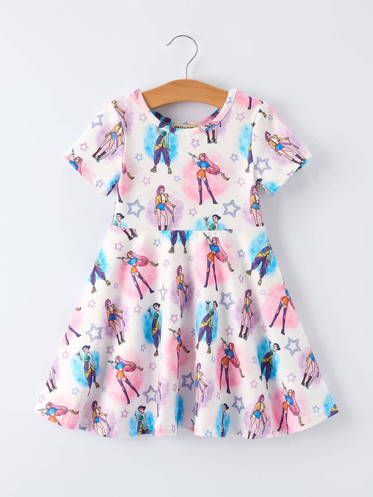 Summer KPop Demon Hunters Inspired Girl Twirly Short Sleeves Dress