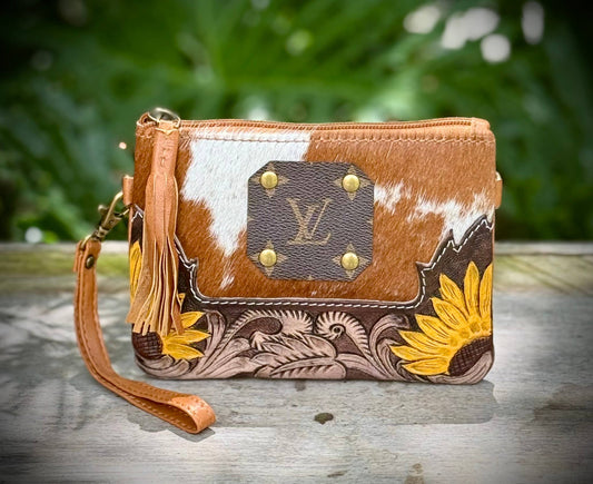 Upcycled LV Cowhide Leather Crossbody Wristlet Bag Western 