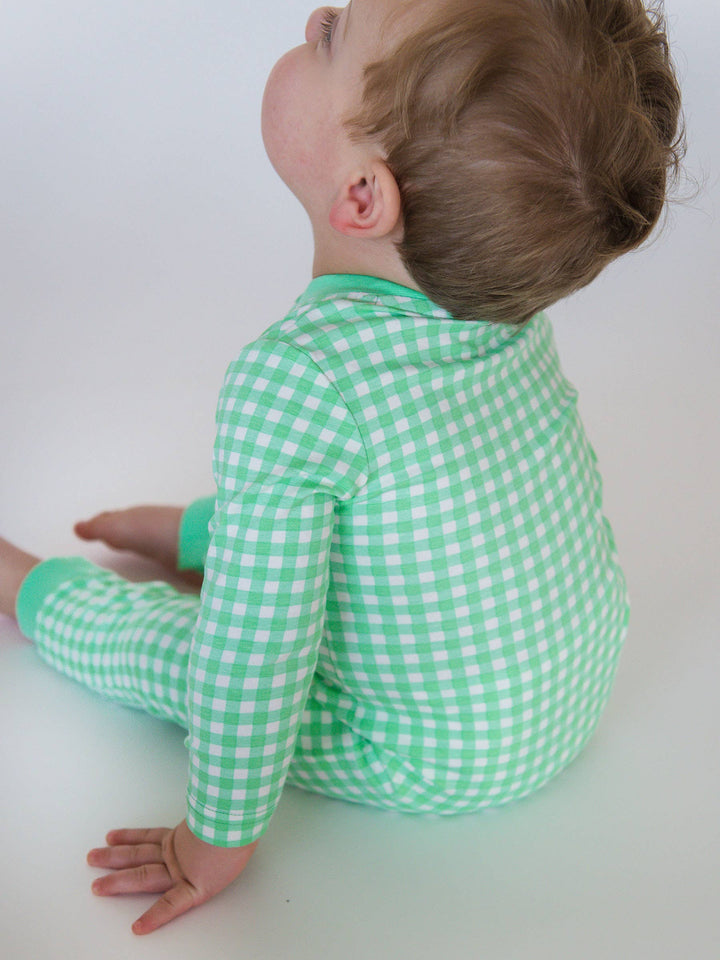 Baby Boys Dear Santa Green Gingham Knit Embroidered Henley Romper