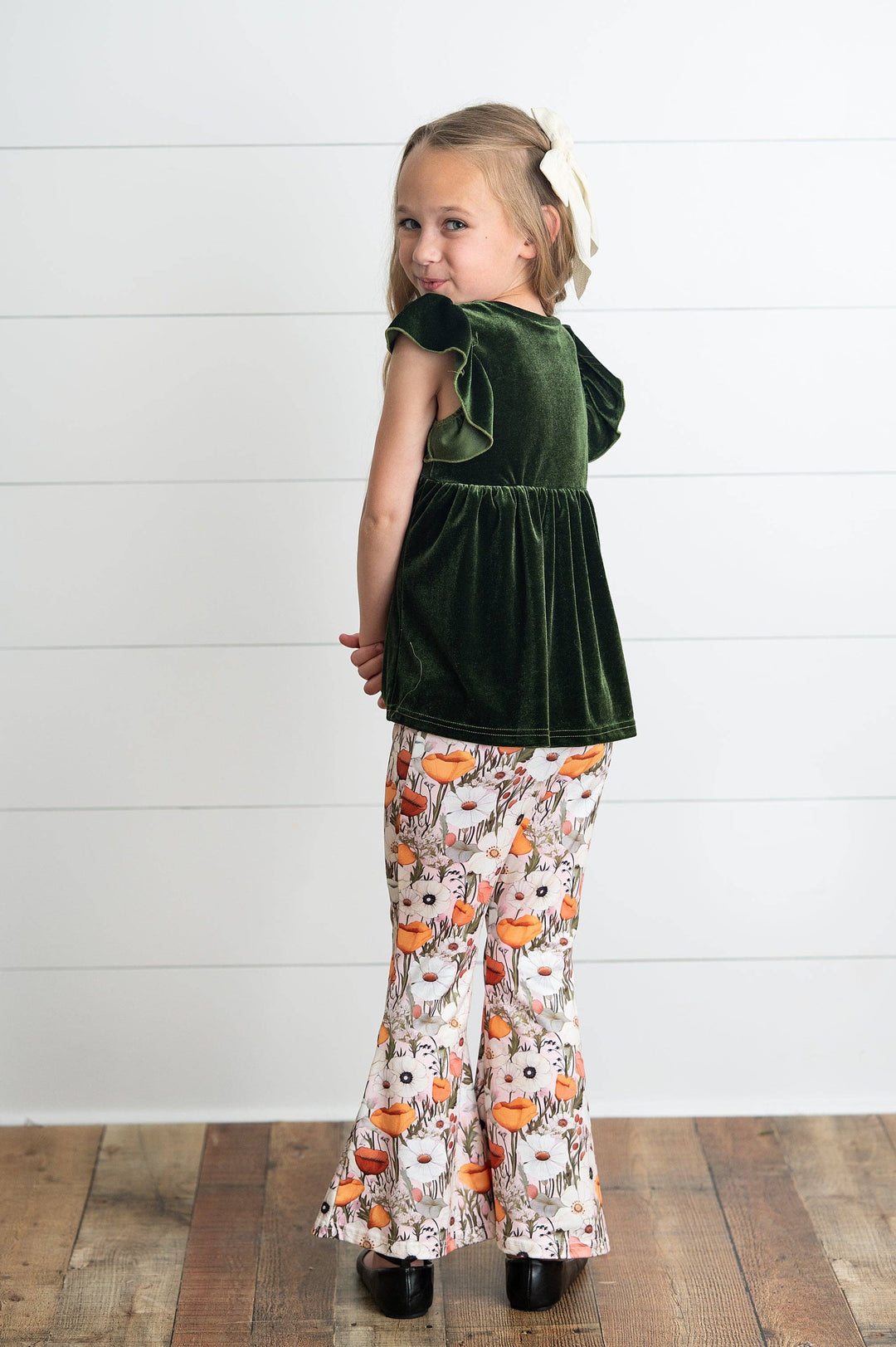 Girls Olive Velvet Ruffle Top &amp; Retro Bell Bottom Pant Set