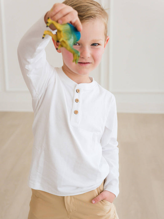 Boys White Knit Long Sleeve Henley Tee