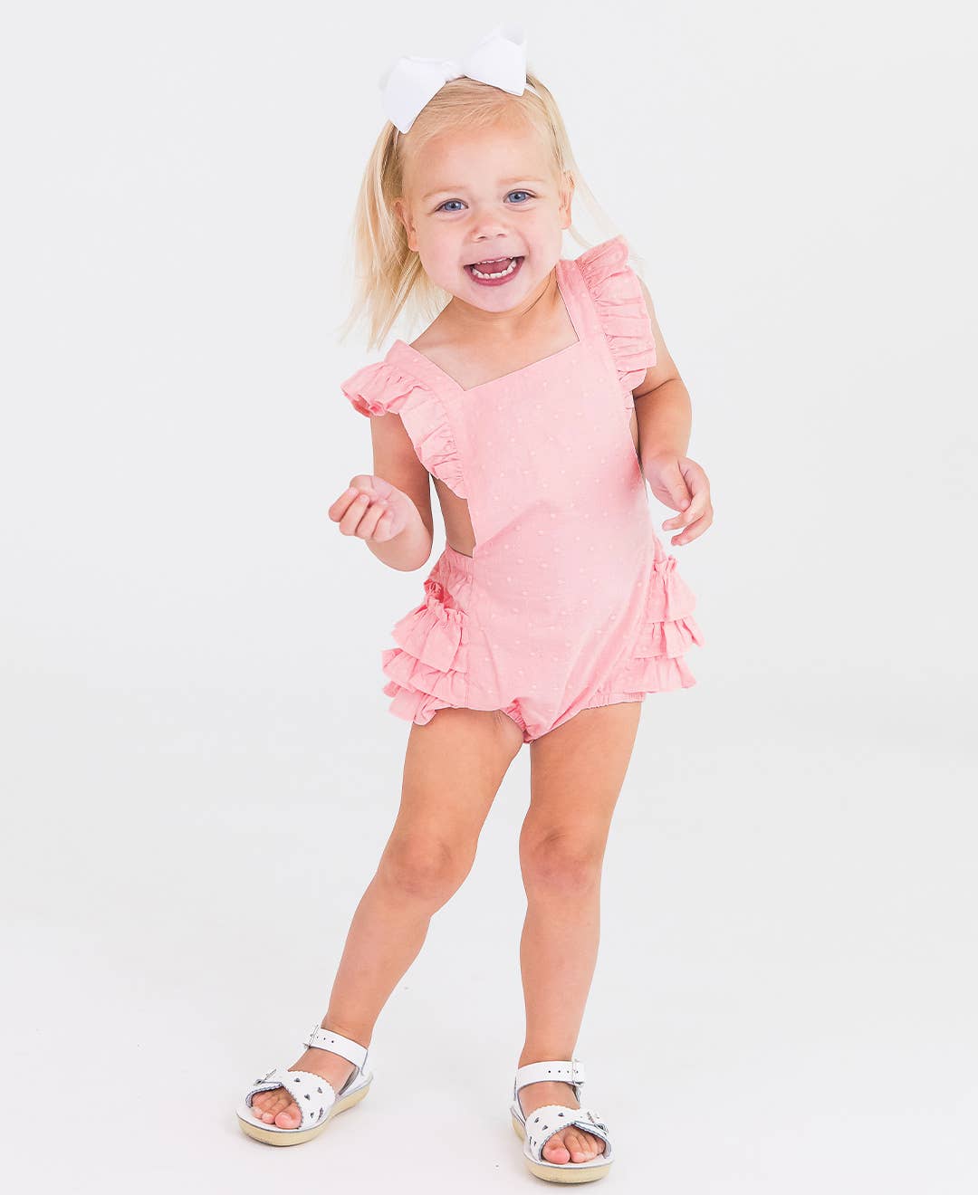 Girls Pink Embroidered Vintage Dot Flutter Overall Romper