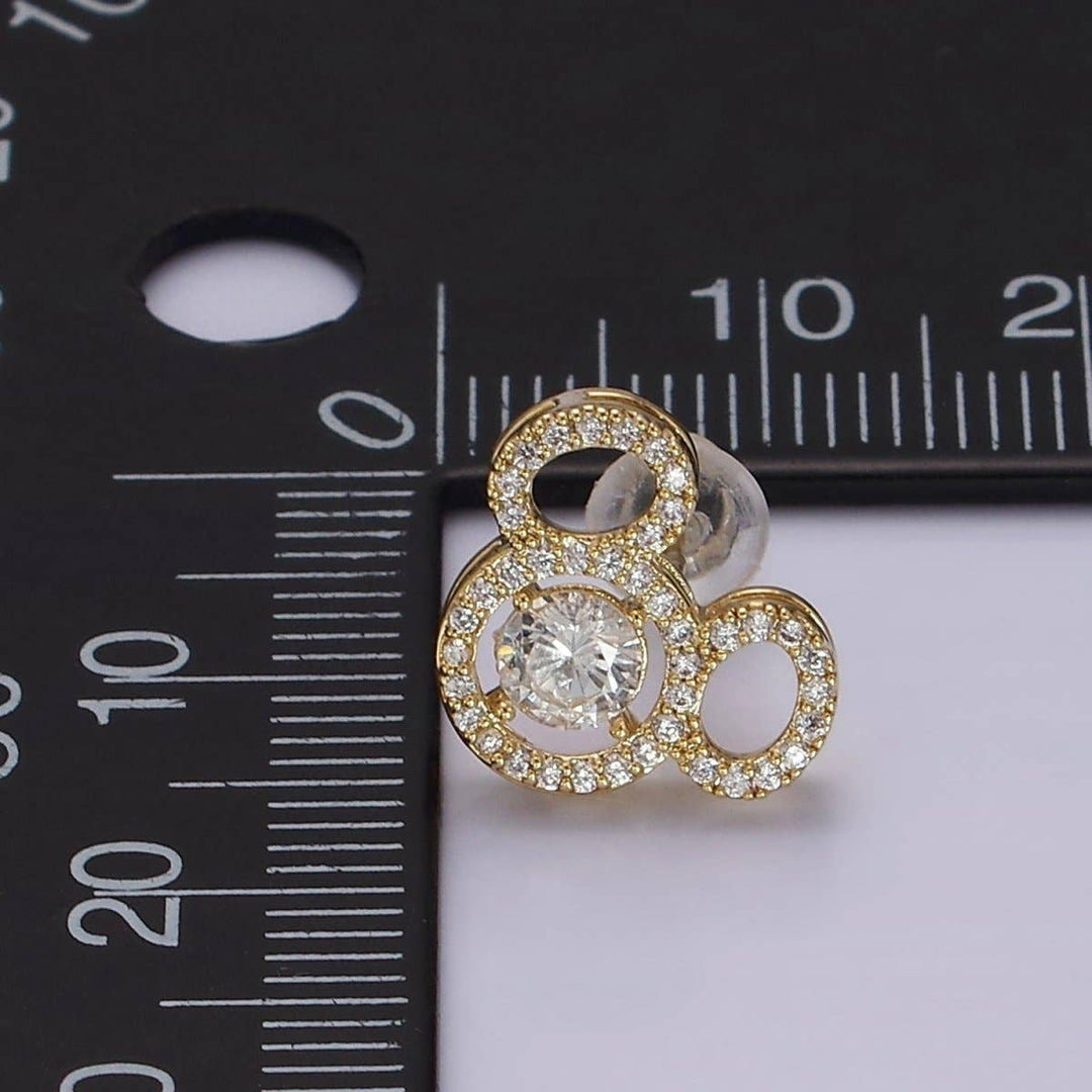 14K Gold Filled Triple Clear CZ Open Round Micro Paved Mouse Stud Earrings in Gold &amp; Silver