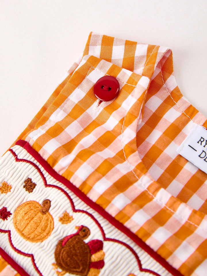 Fall Turkey Embroidered Romper for Baby Boys – Orange Checkered with Thanksgiving Details