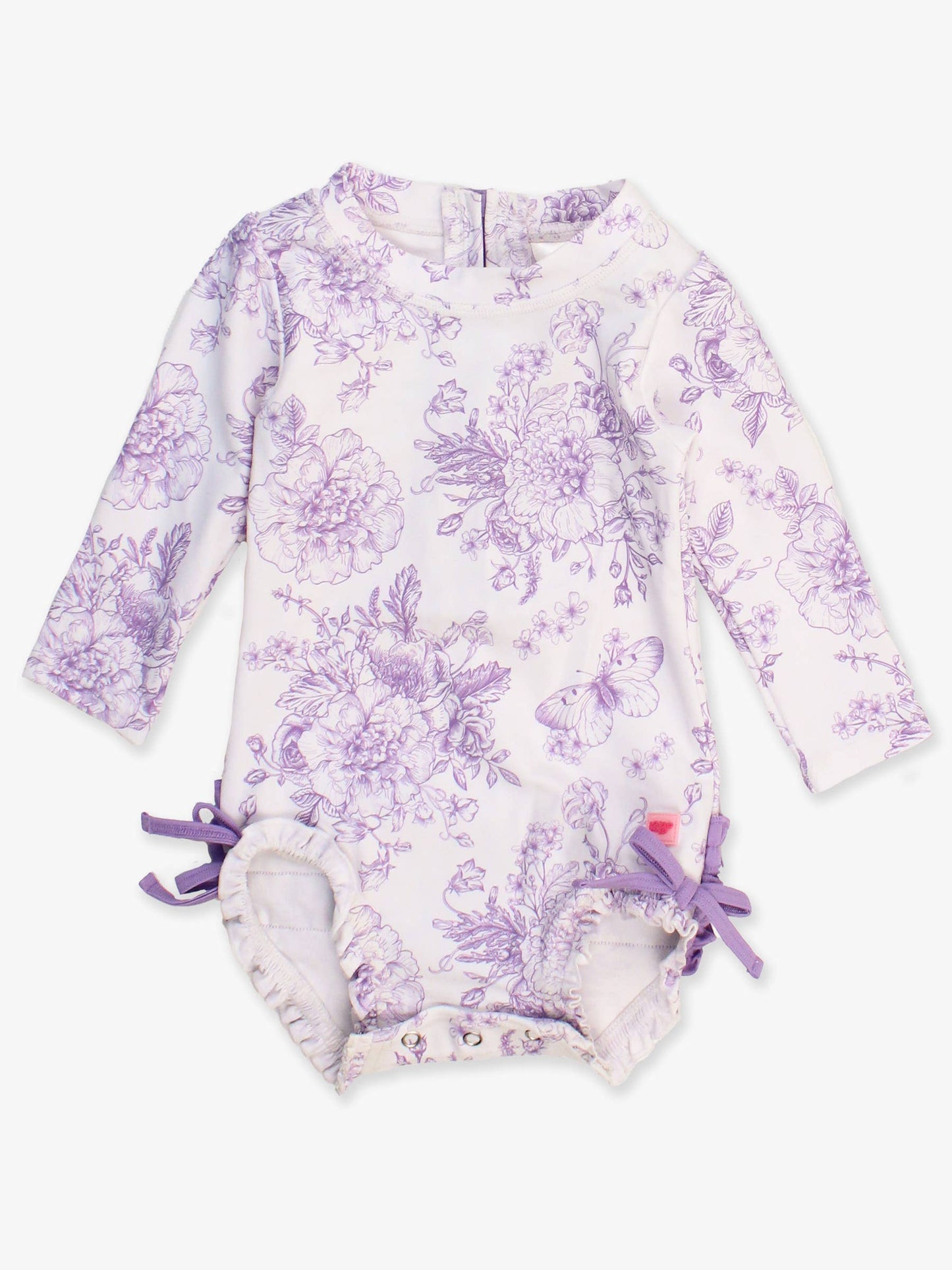 Baby Girls Wisteria Purple Butterfly Garden Toile Long Sleeve One Piece Rash Guard Swimsuit with Signature Rear Ruffles