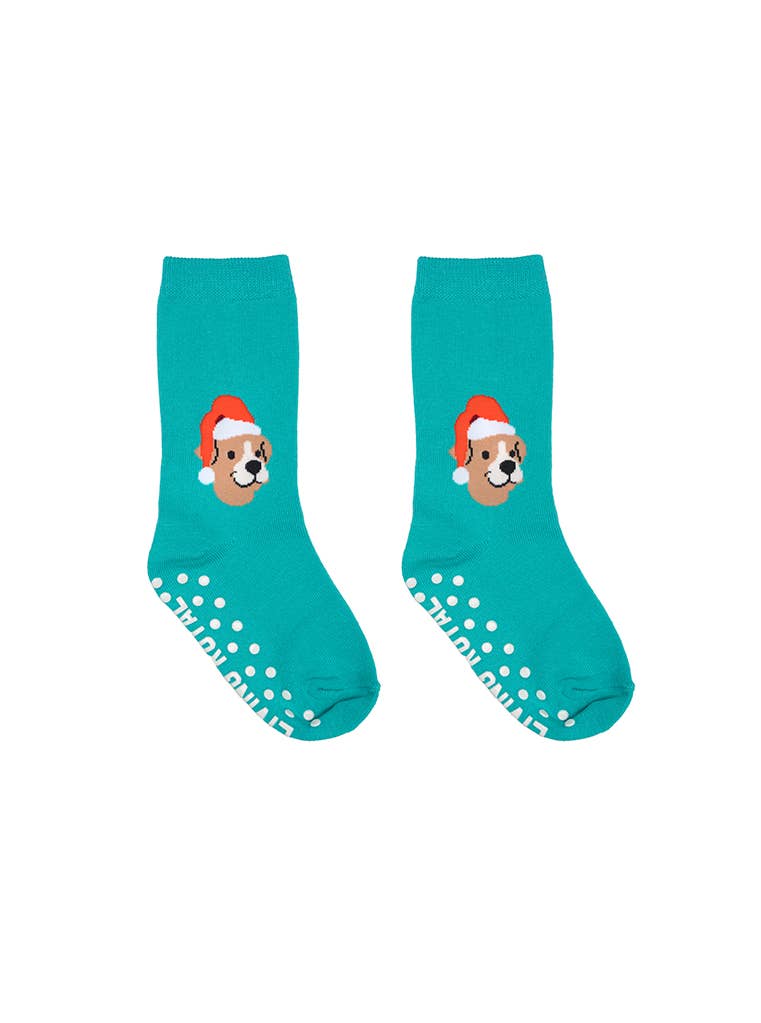 Calcetines deportivos con empaque 3D - Niños - Festivos - Cachorro de Papá Noel - Verde azulado