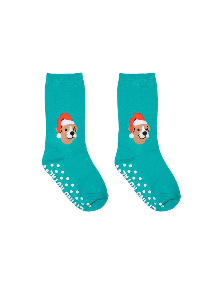 Calcetines deportivos con empaque 3D - Niños - Festivos - Cachorro de Papá Noel - Verde azulado