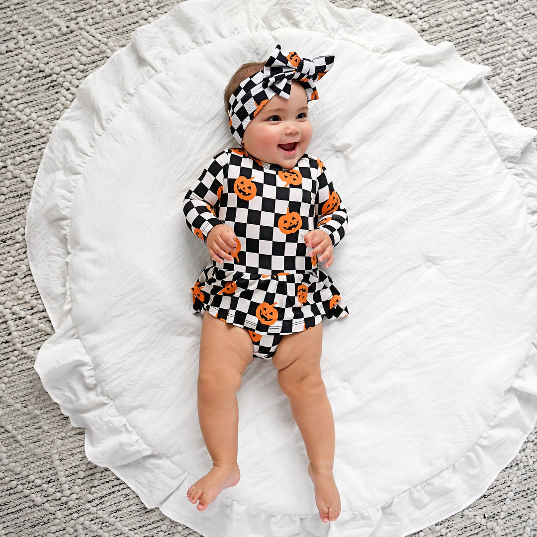 Vestido de Halloween para bebé con tutú de bambú y calabazas a cuadros de Merlín