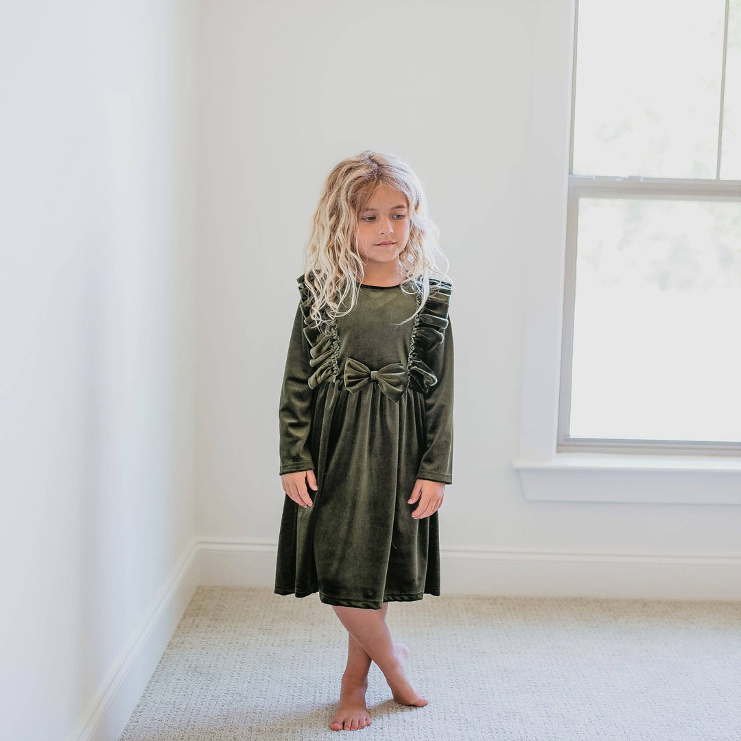 Kids Moss Velvet Bow Ruffle Holiday Party Dress