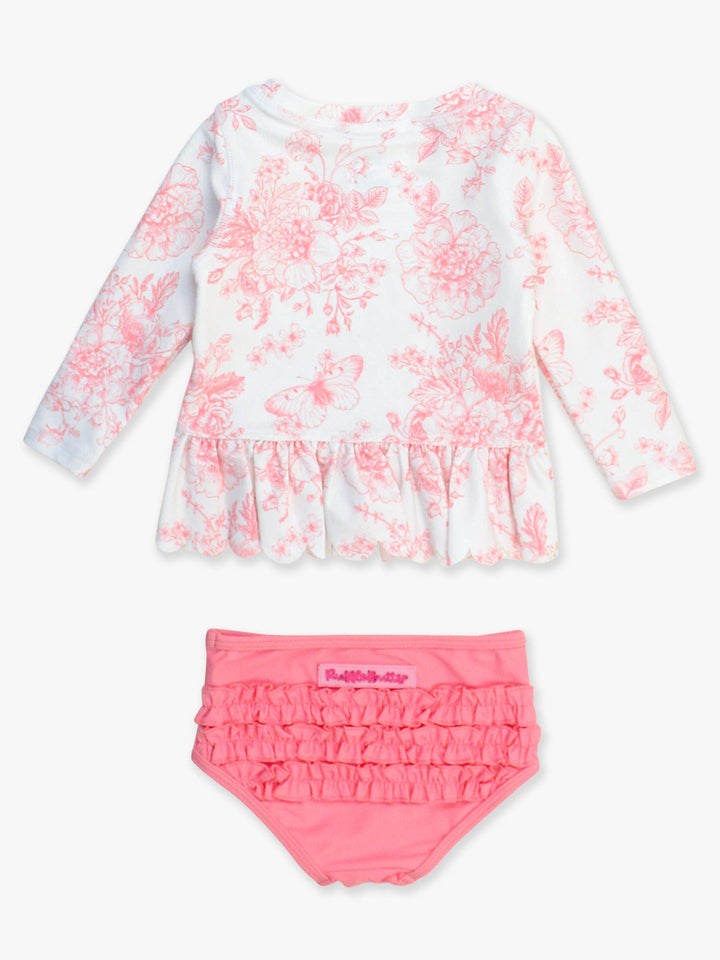 Girls Bubblegum Pink Butterfly Garden Toile Scallop Hem Long Sleeve Rash Guard 2-Piece Swimsuit with Signature Rear Ruffles