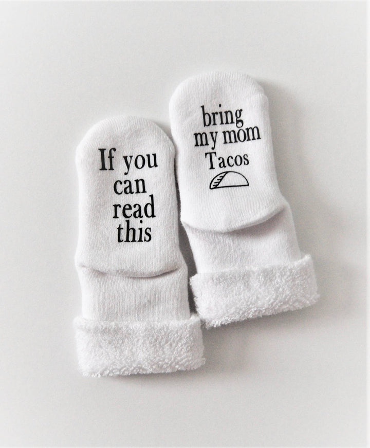 Calcetines de bebé Bring My Mom Tacos | Artículos para bebés | Artículos para tacos