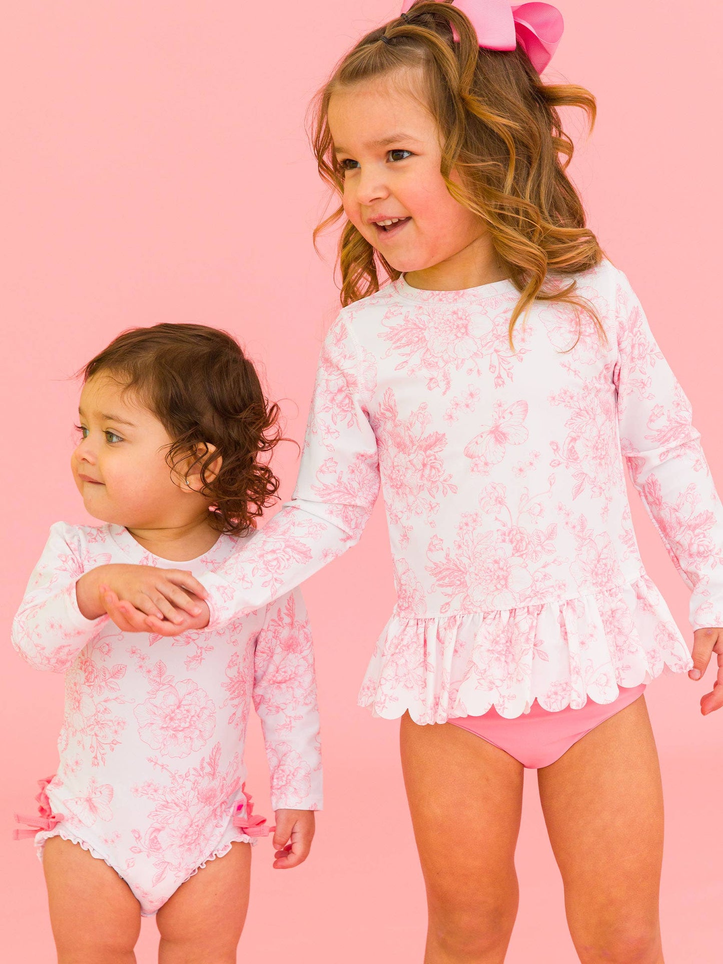 Girls Bubblegum Pink Butterfly Garden Toile Scallop Hem Long Sleeve Rash Guard 2-Piece Swimsuit with Signature Rear Ruffles