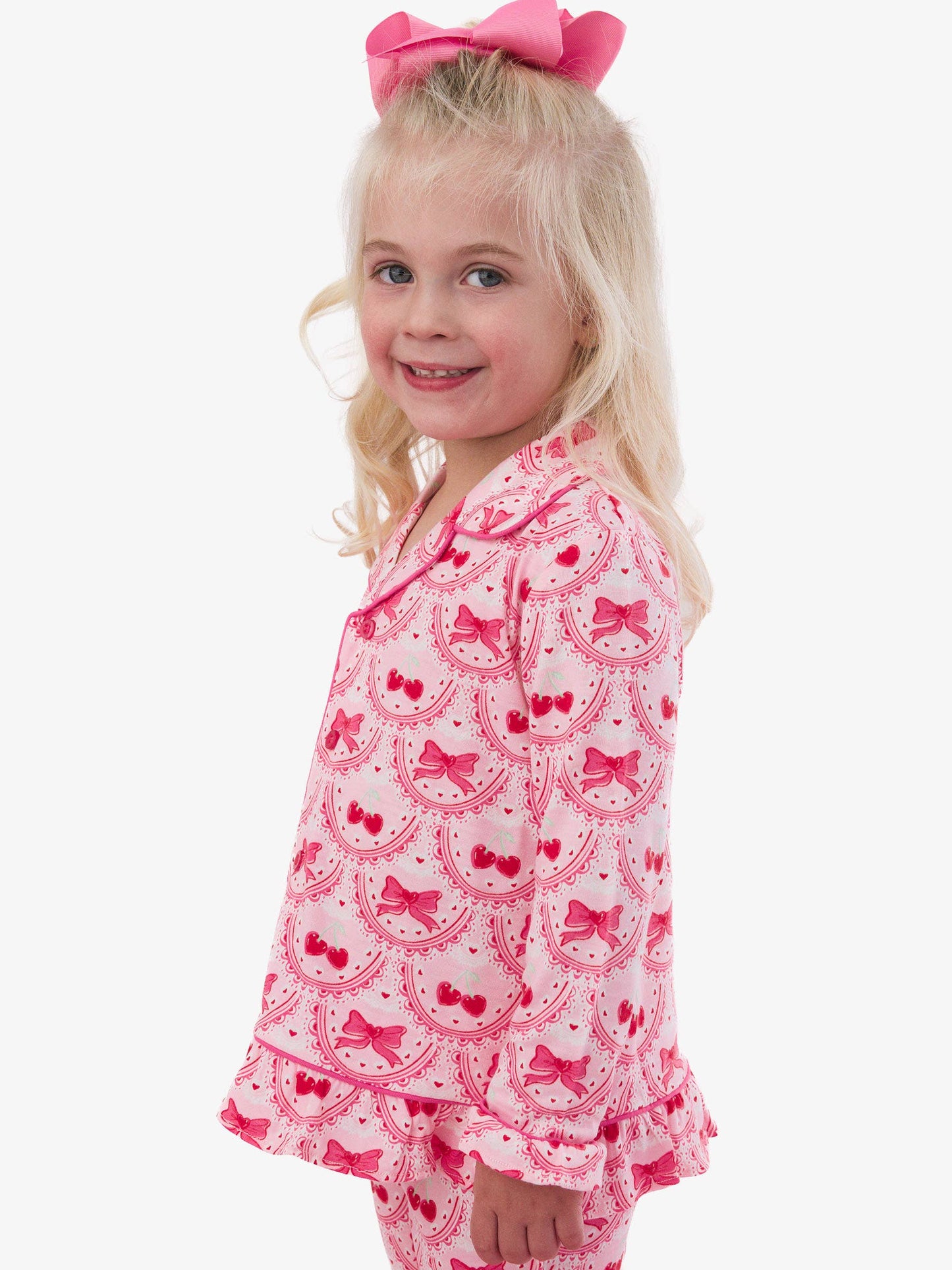 SoftSnooze™ Girls Love You Cherry Much Long Sleeve Button Up Ruffle Flare Pajama Set