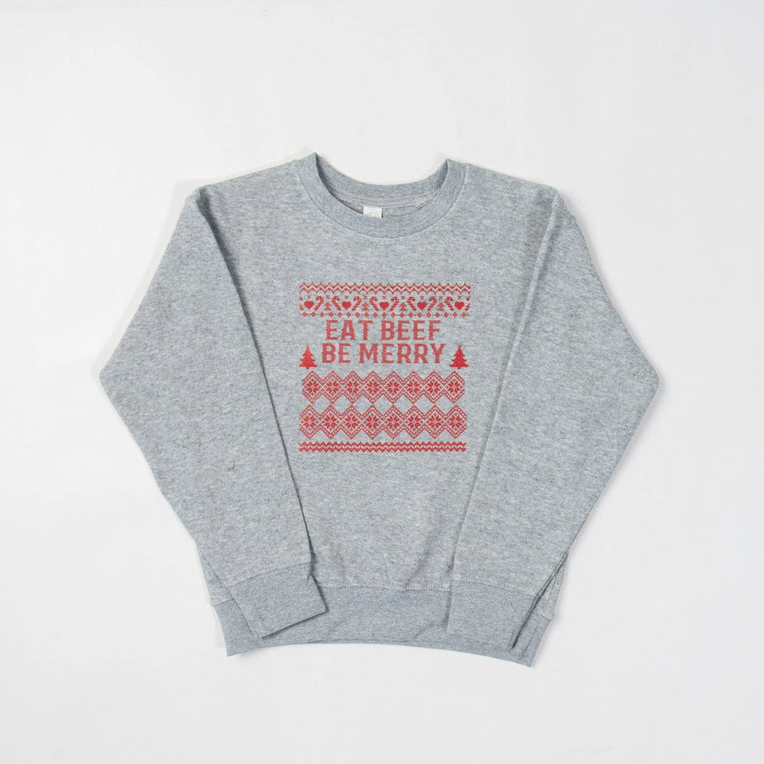 Jersey de cuello redondo gris para niños pequeños y jóvenes "Eat Beef Be Merry" de Navidad