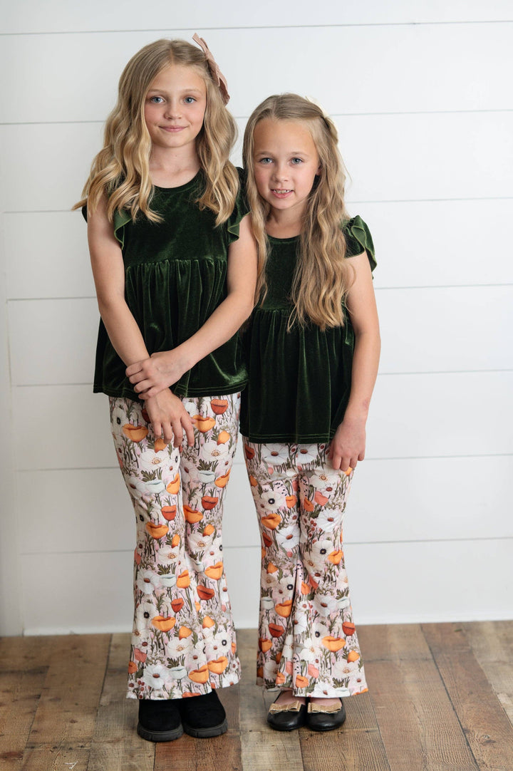 Girls Olive Velvet Ruffle Top &amp; Retro Bell Bottom Pant Set