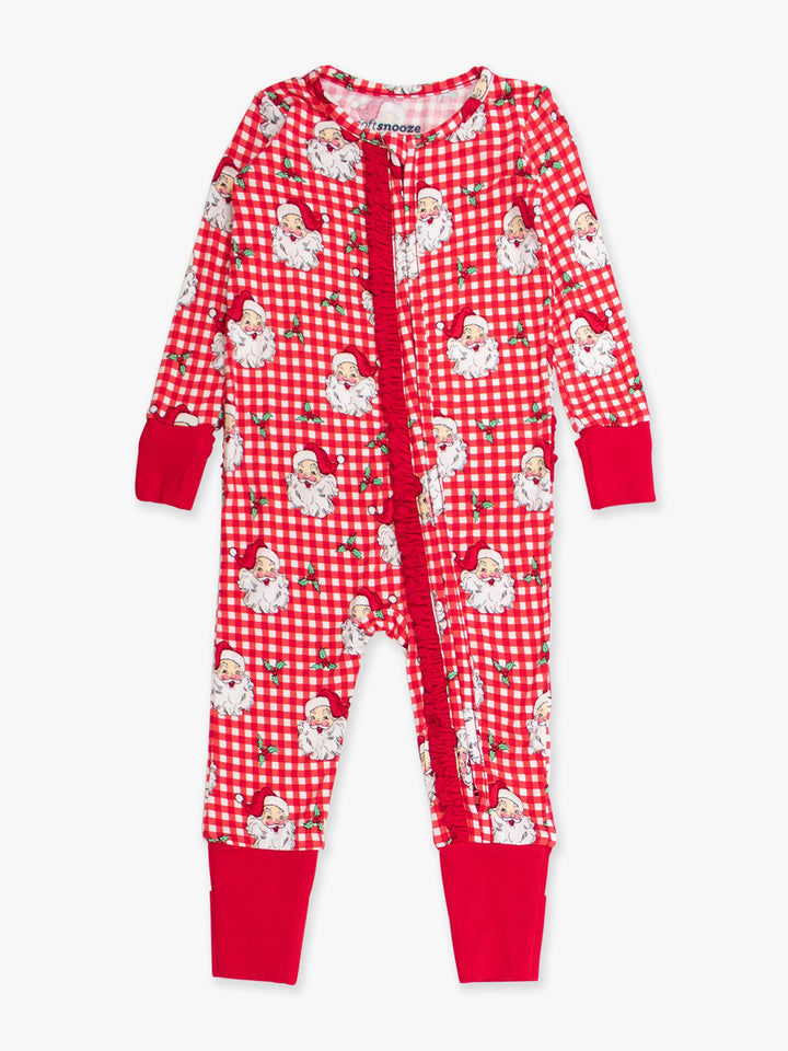 Pijama de una pieza convertible con volantes en rojo Dear Santa de viscosa de bambú para niñas SoftSnooze™