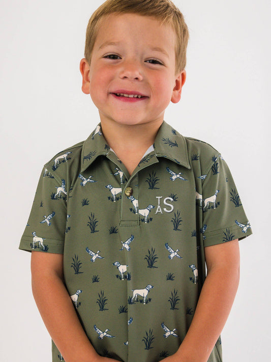 Boys Pond Pups Hunting Dog Knit Short Sleeve Performance Polo