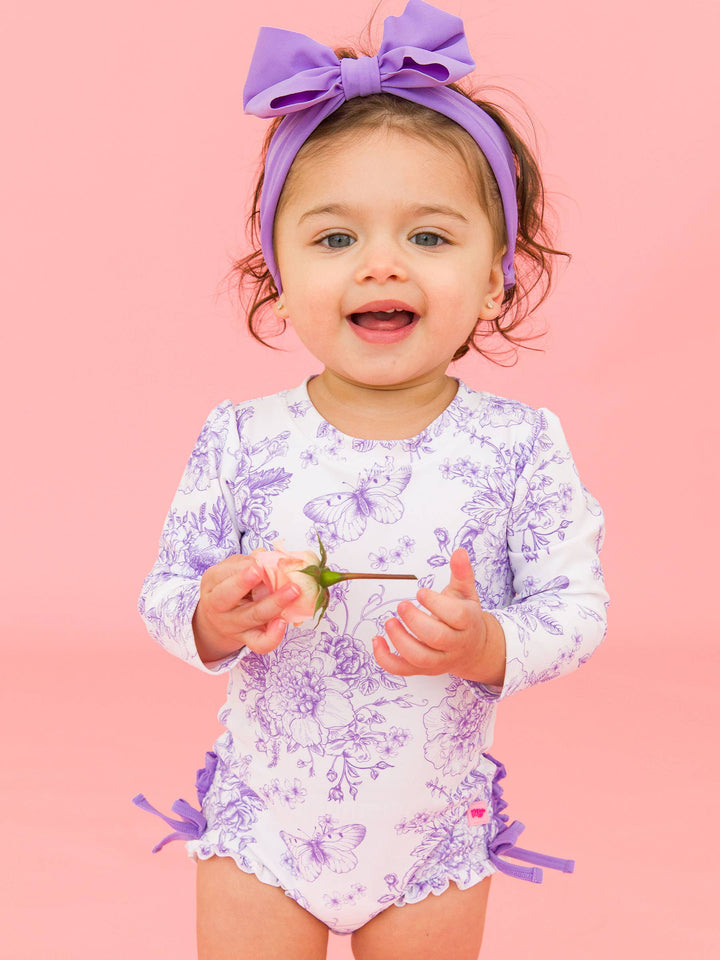 Baby Girls Wisteria Purple Butterfly Garden Toile Long Sleeve One Piece Rash Guard Swimsuit with Signature Rear Ruffles