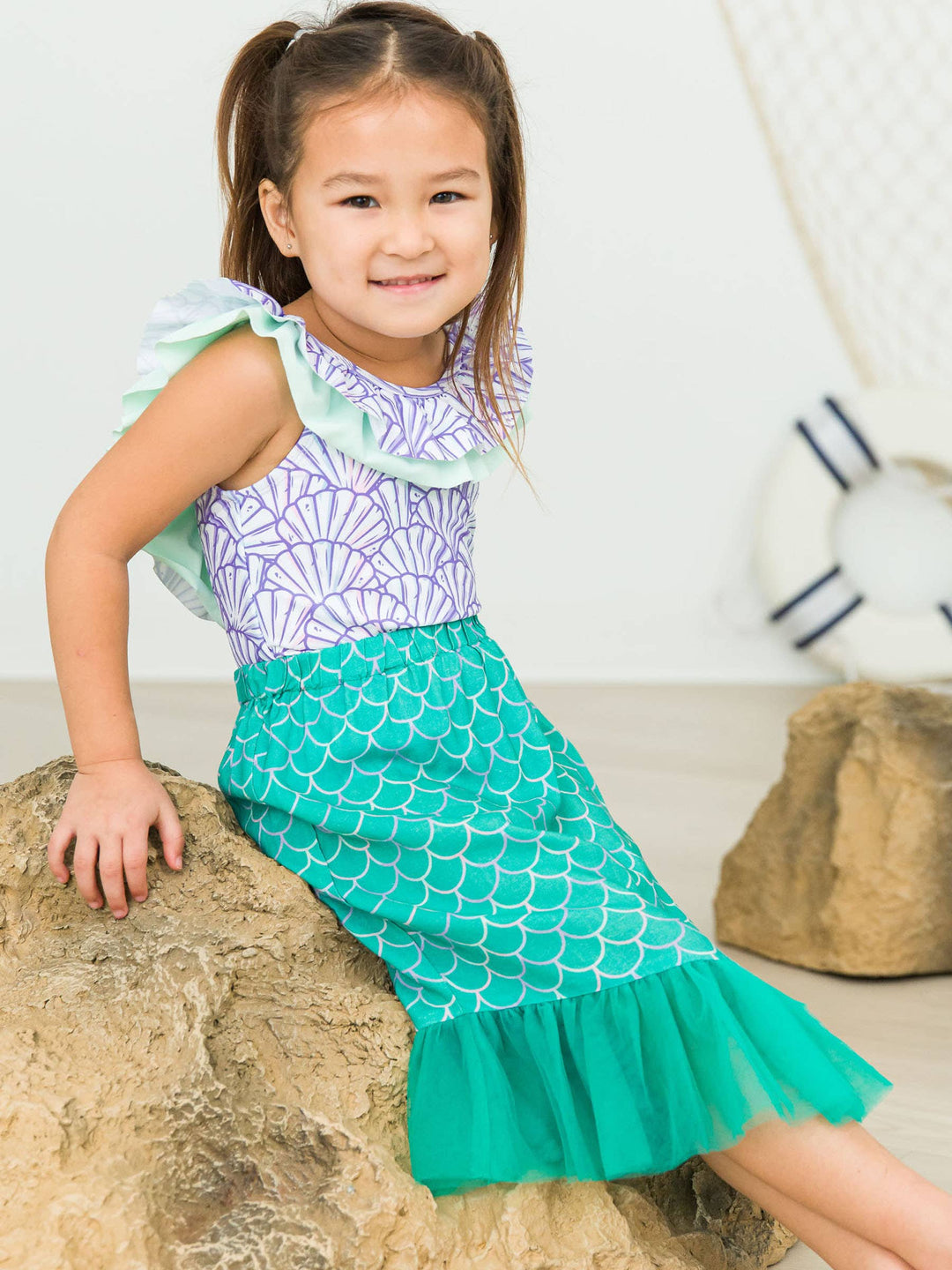 Girls Marine Green Scales Mermaid Tail Skirt Cover-Up