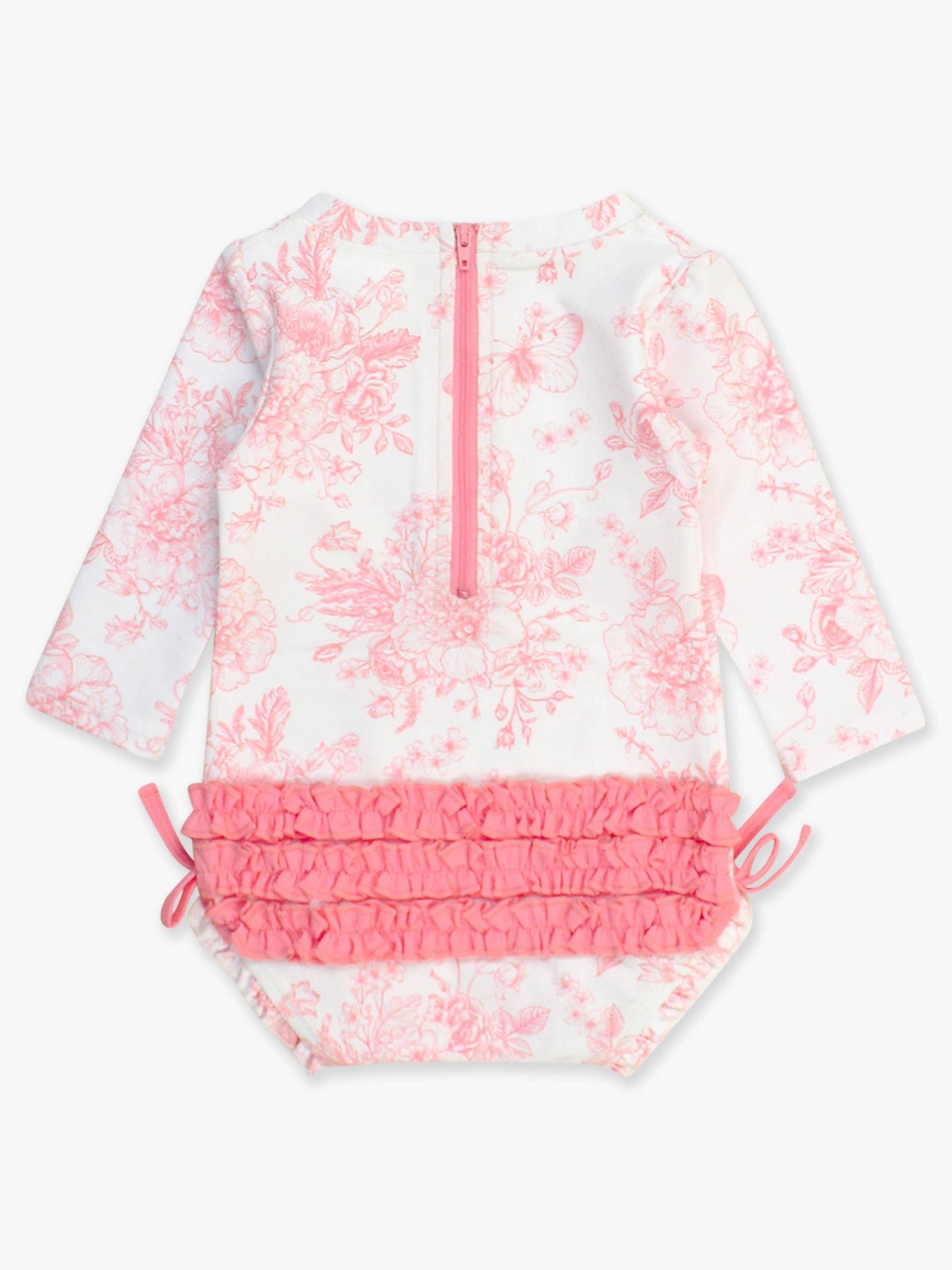 Baby Girls Bubblegum Pink Butterfly Garden Toile Long Sleeve One Piece Rash Guard Swimsuit with Signature Rear Ruffles