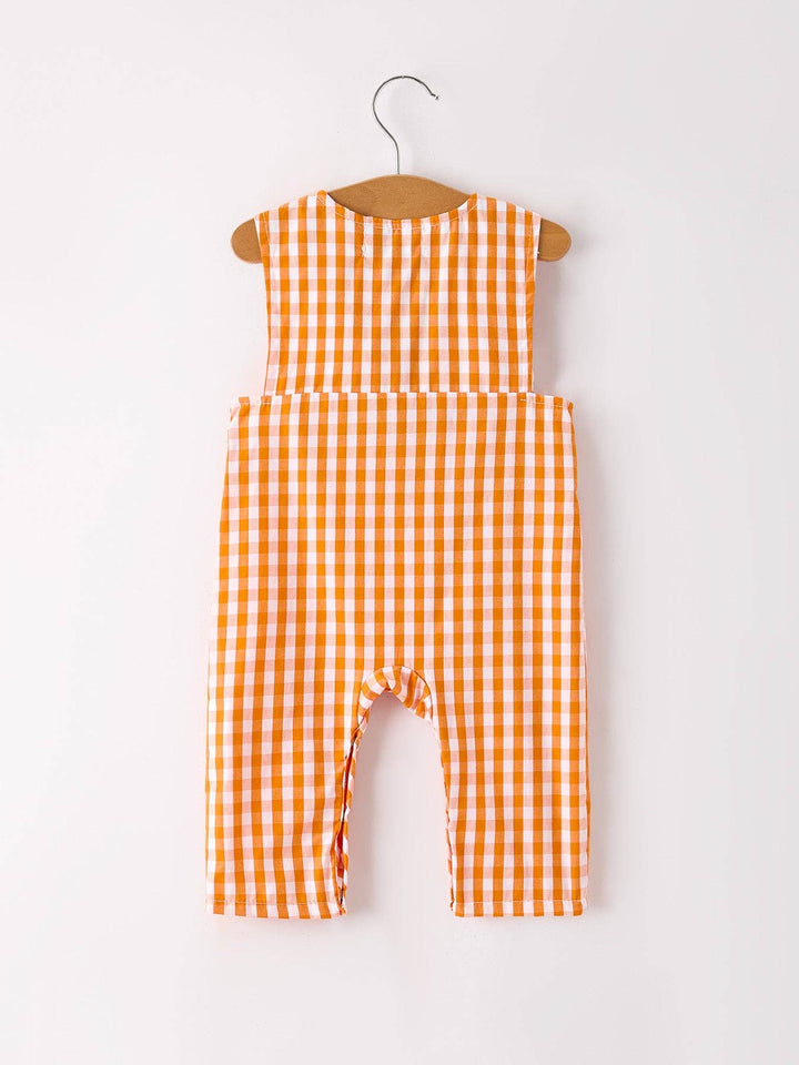 Fall Turkey Embroidered Romper for Baby Boys – Orange Checkered with Thanksgiving Details