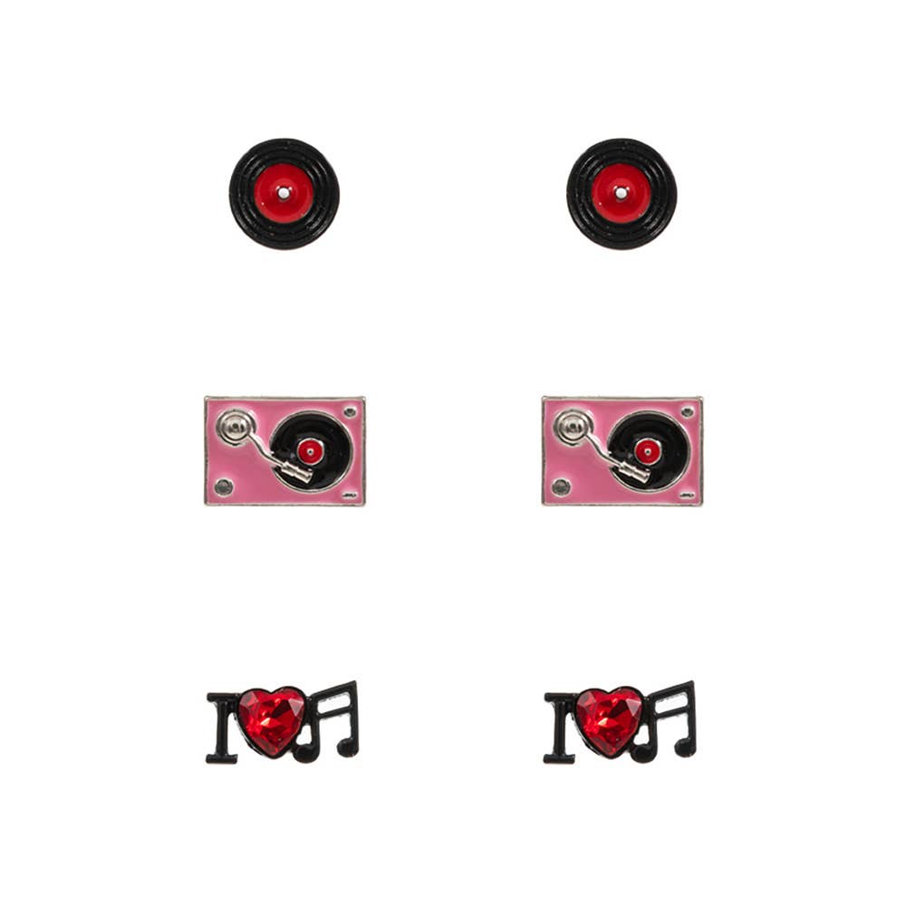 3PAIRS - Enamel Turn Table Music Stud Earring Set
