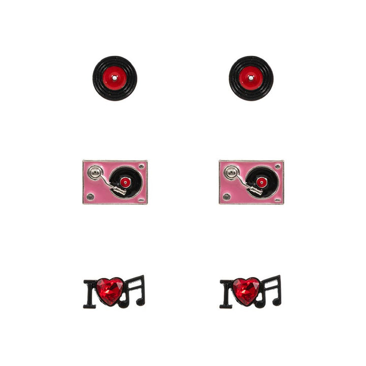 3PAIRS - Enamel Turn Table Music Stud Earring Set