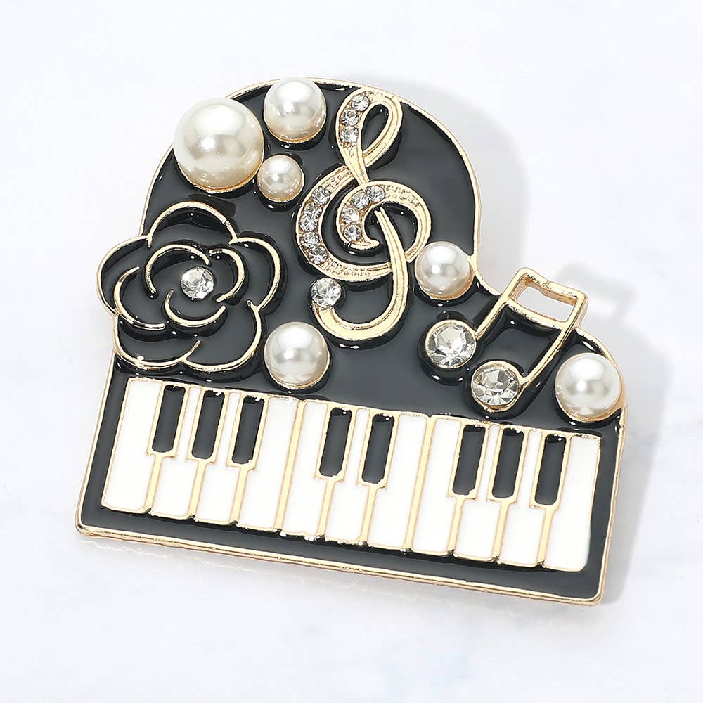 Pearl Floral Musical Motif Embellished Piano Pin Brooch