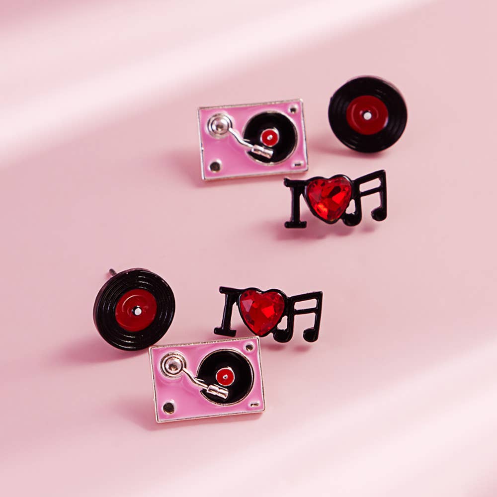 3PAIRS - Enamel Turn Table Music Stud Earring Set