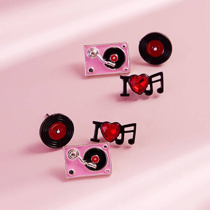 3PAIRS - Enamel Turn Table Music Stud Earring Set
