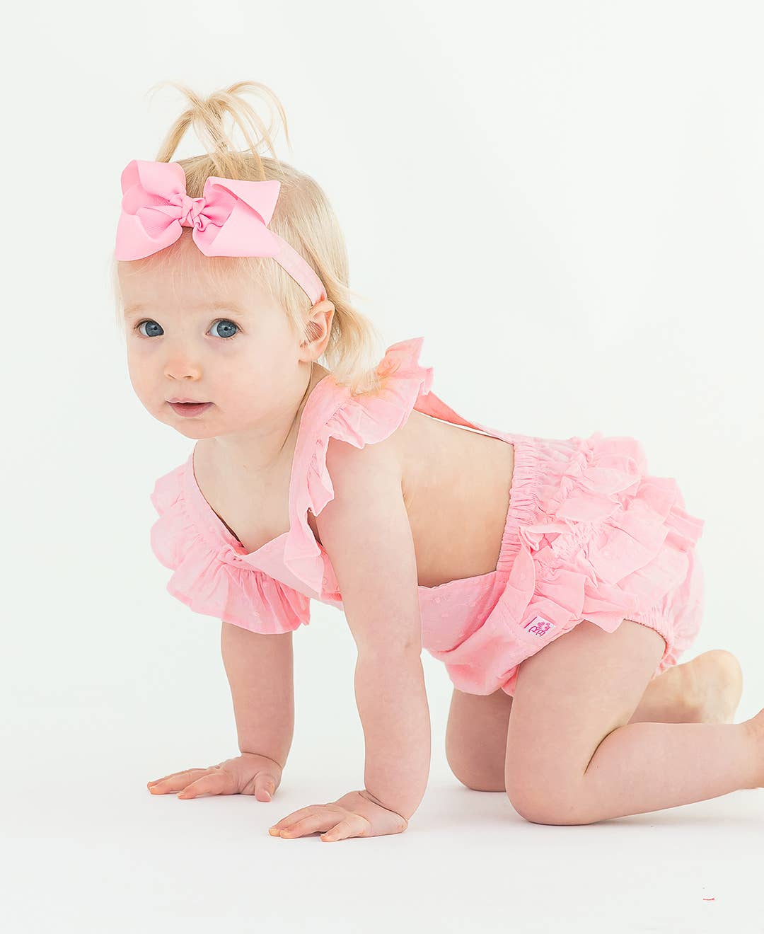 Girls Pink Embroidered Vintage Dot Flutter Overall Romper