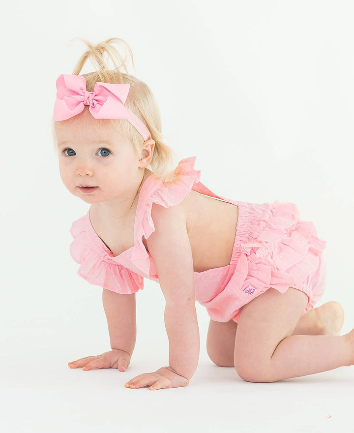 Girls Pink Embroidered Vintage Dot Flutter Overall Romper