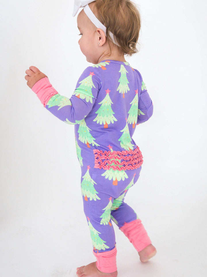 SoftSnooze™ Baby Girls Bamboo Viscose Purple Twinkling Trees Convertible Ruffle One Piece Footie Pajama