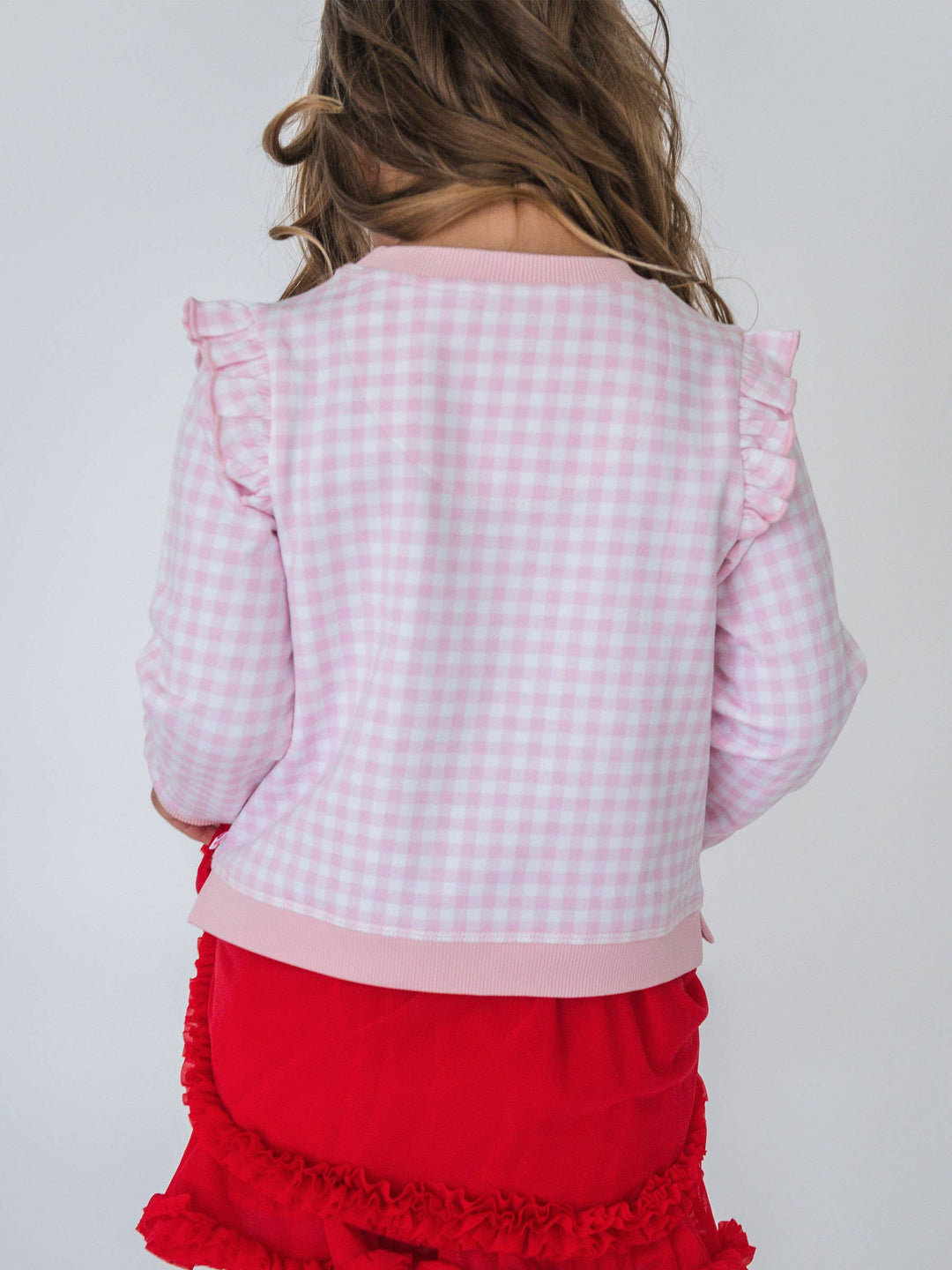 Girls Dear Santa Pink Gingham Applique Flutter Sweatshirt