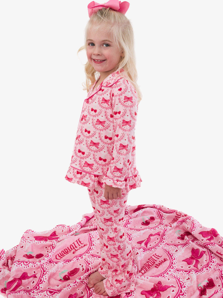 SoftSnooze™ Girls Love You Cherry Much Long Sleeve Button Up Ruffle Flare Pajama Set