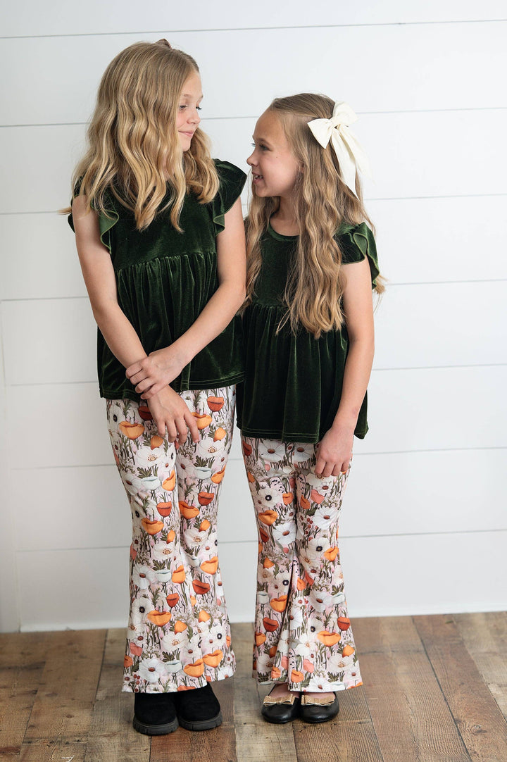 Girls Olive Velvet Ruffle Top &amp; Retro Bell Bottom Pant Set