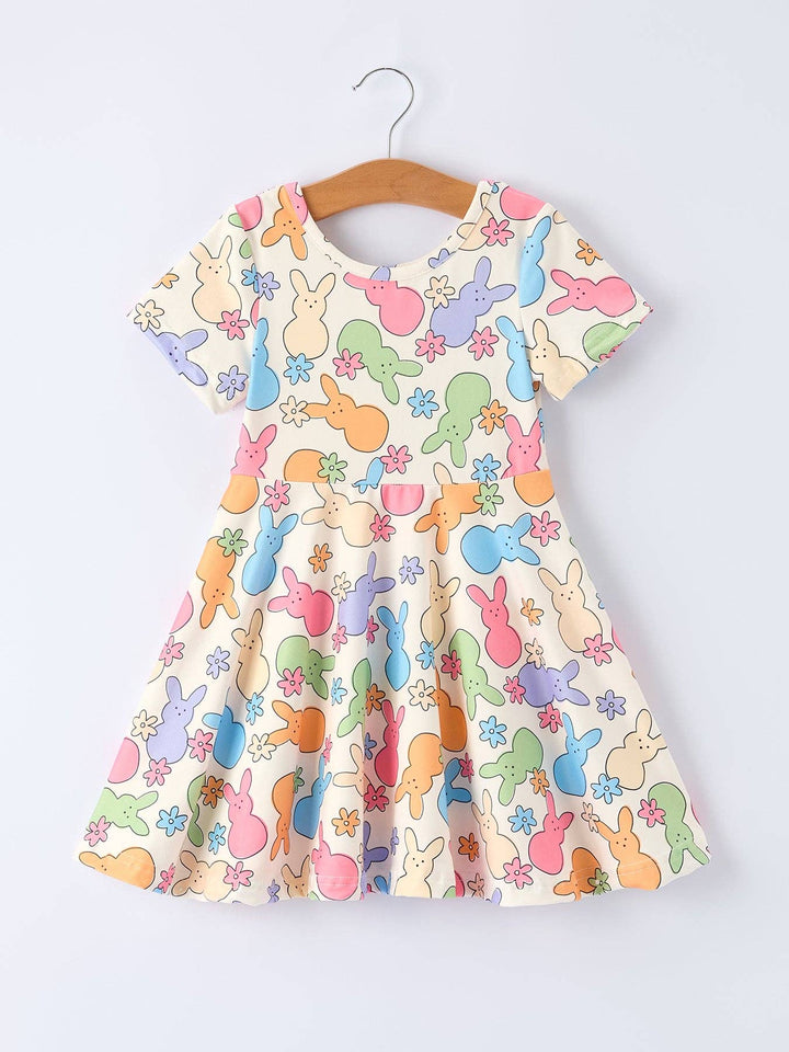 Colorful Bunny Girls Twirl Short-sleeved Dress