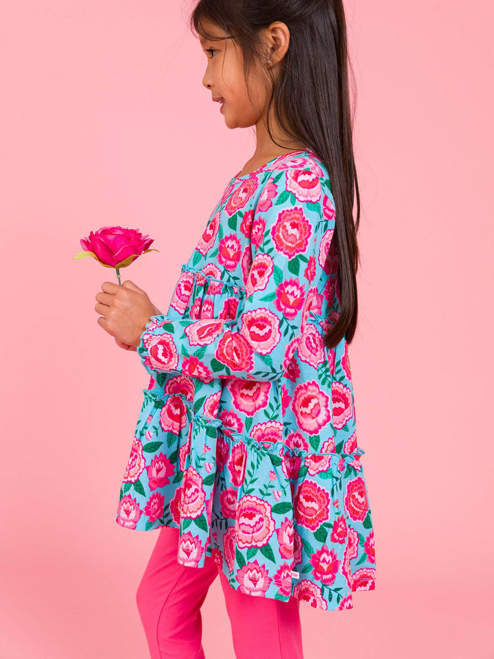 Girls Bright Blossoms Knit Ruffle Tiered Tunic Top