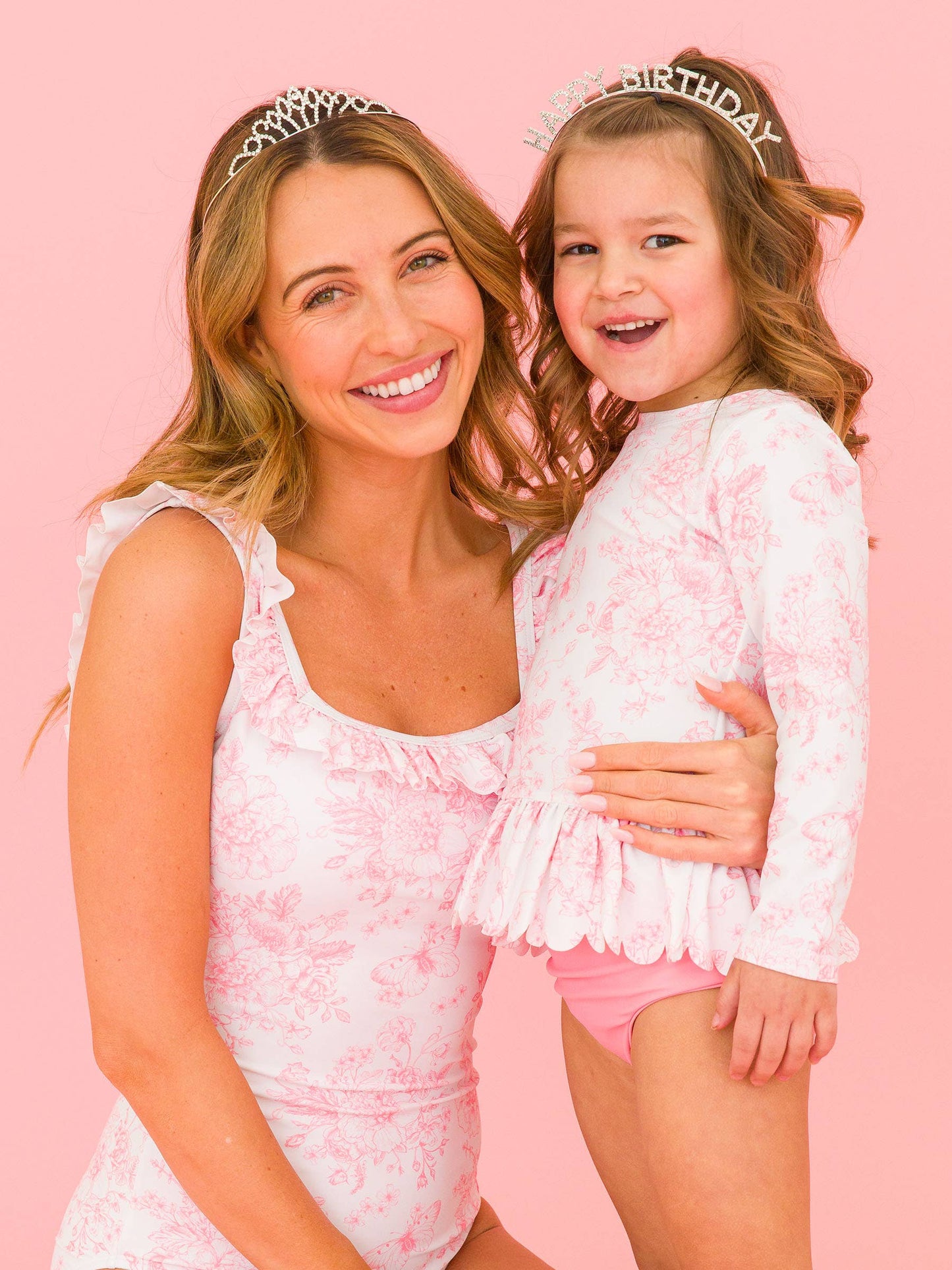 Girls Bubblegum Pink Butterfly Garden Toile Scallop Hem Long Sleeve Rash Guard 2-Piece Swimsuit with Signature Rear Ruffles